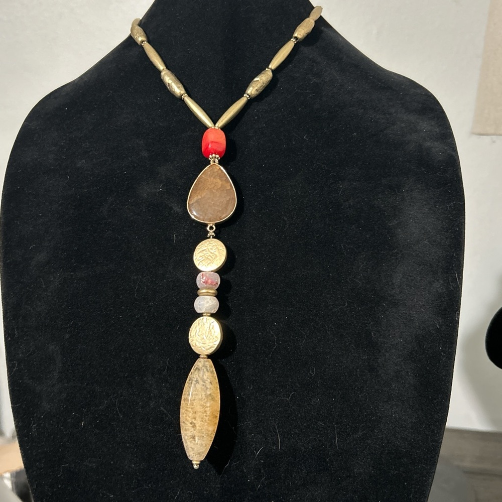 Chico's Gold and Red Statement Necklace with Pendant